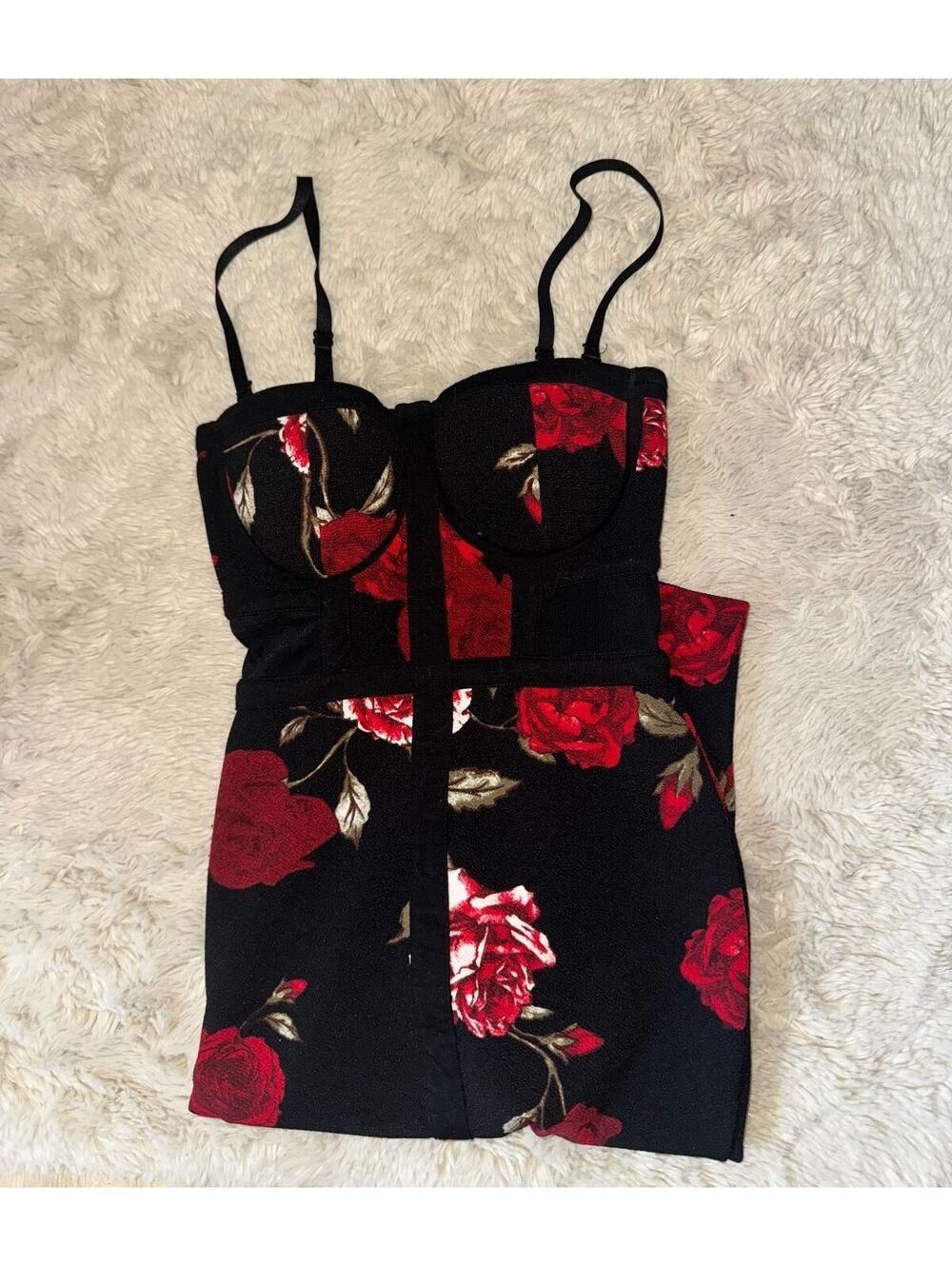 Martial Girl Black Red Rose Corset Dress XS Mesh Bustier Floral Midi Dress